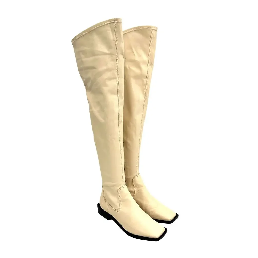 Schutz Guily Up Over The Knee Boots Eggshell Cream Leather‎ Square Toe Women 7.5